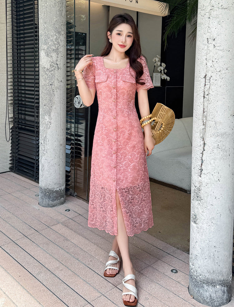 Belle Epoque Short- Sleeve Floral Lace Tea Dress
