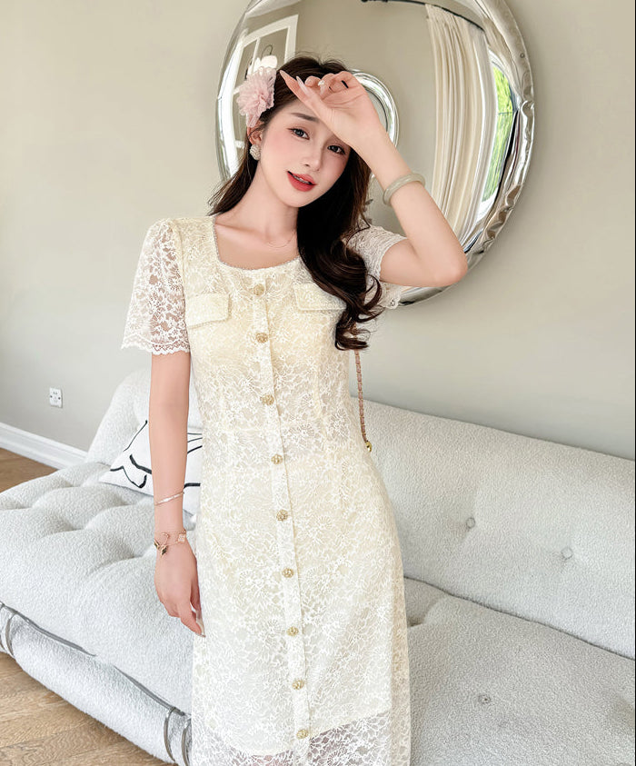 Belle Epoque Short- Sleeve Floral Lace Tea Dress