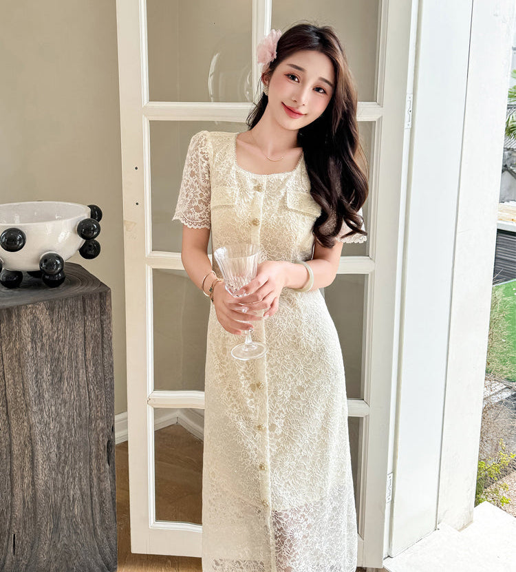 Belle Epoque Short- Sleeve Floral Lace Tea Dress