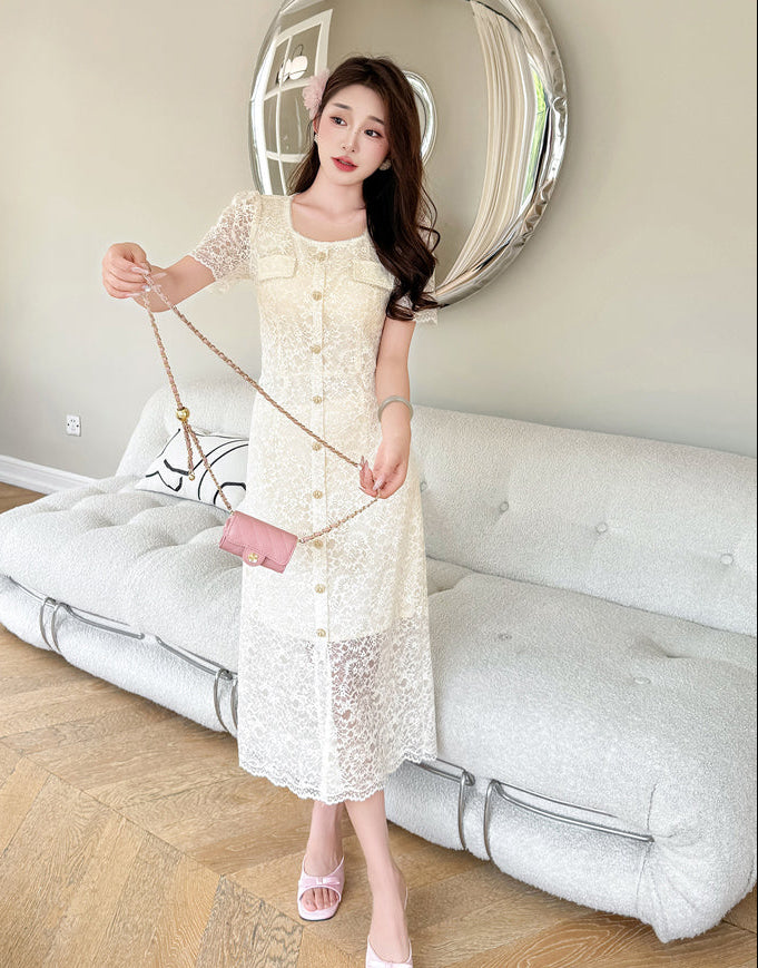 Belle Epoque Short- Sleeve Floral Lace Tea Dress