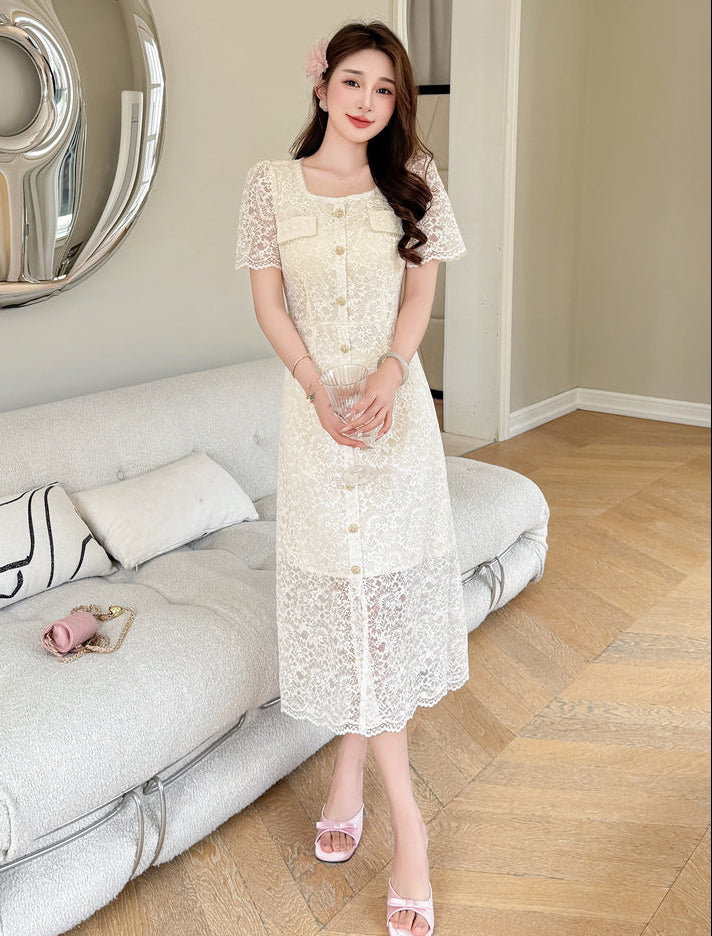 Belle Epoque Short- Sleeve Floral Lace Tea Dress