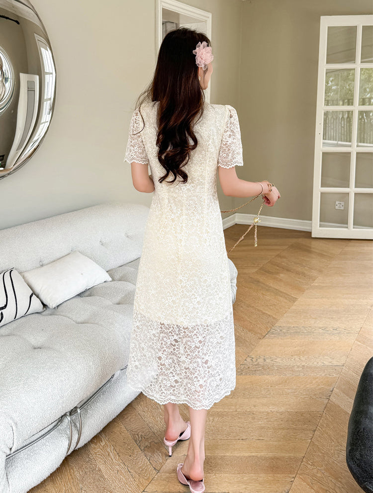 Belle Epoque Short- Sleeve Floral Lace Tea Dress