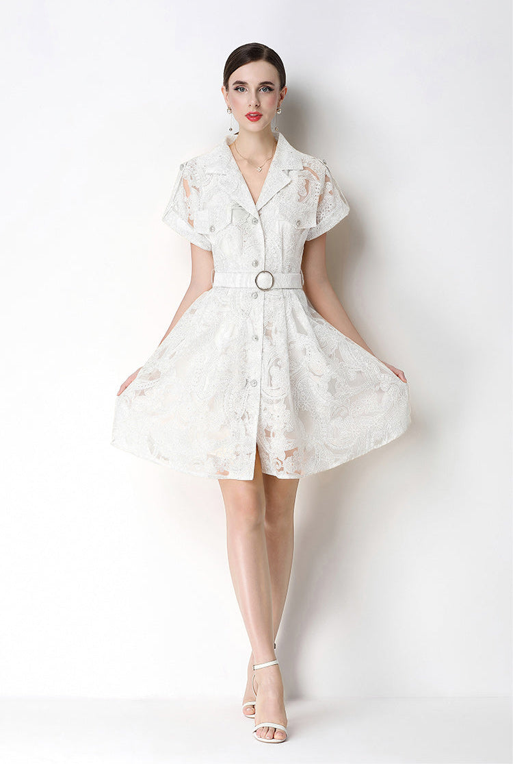 Retro Notch-Lapel Lace Mini Shirt Dress