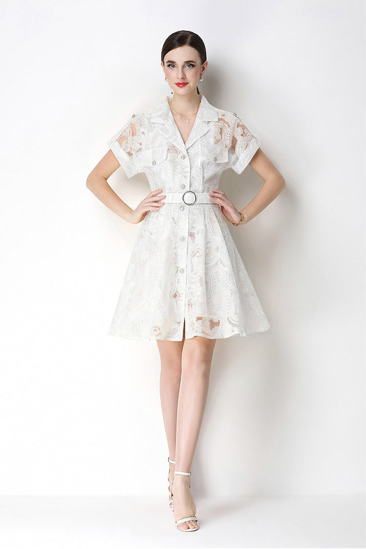 Retro Notch-Lapel Lace Mini Shirt Dress