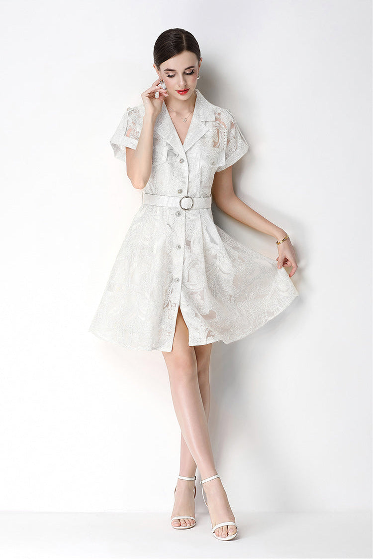 Retro Notch-Lapel Lace Mini Shirt Dress