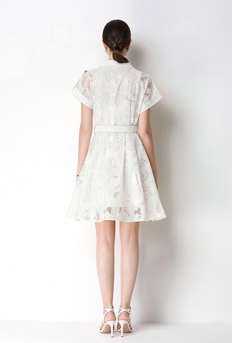 Retro Notch-Lapel Lace Mini Shirt Dress