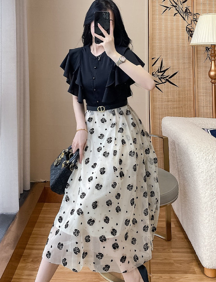 Elegant Ruffle-Sleeve Mesh Midi Dress
