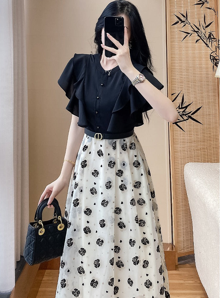 Elegant Ruffle-Sleeve Mesh Midi Dress
