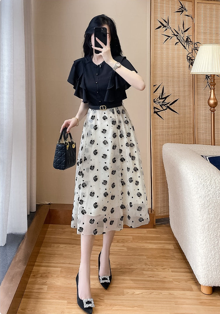 Elegant Ruffle-Sleeve Mesh Midi Dress