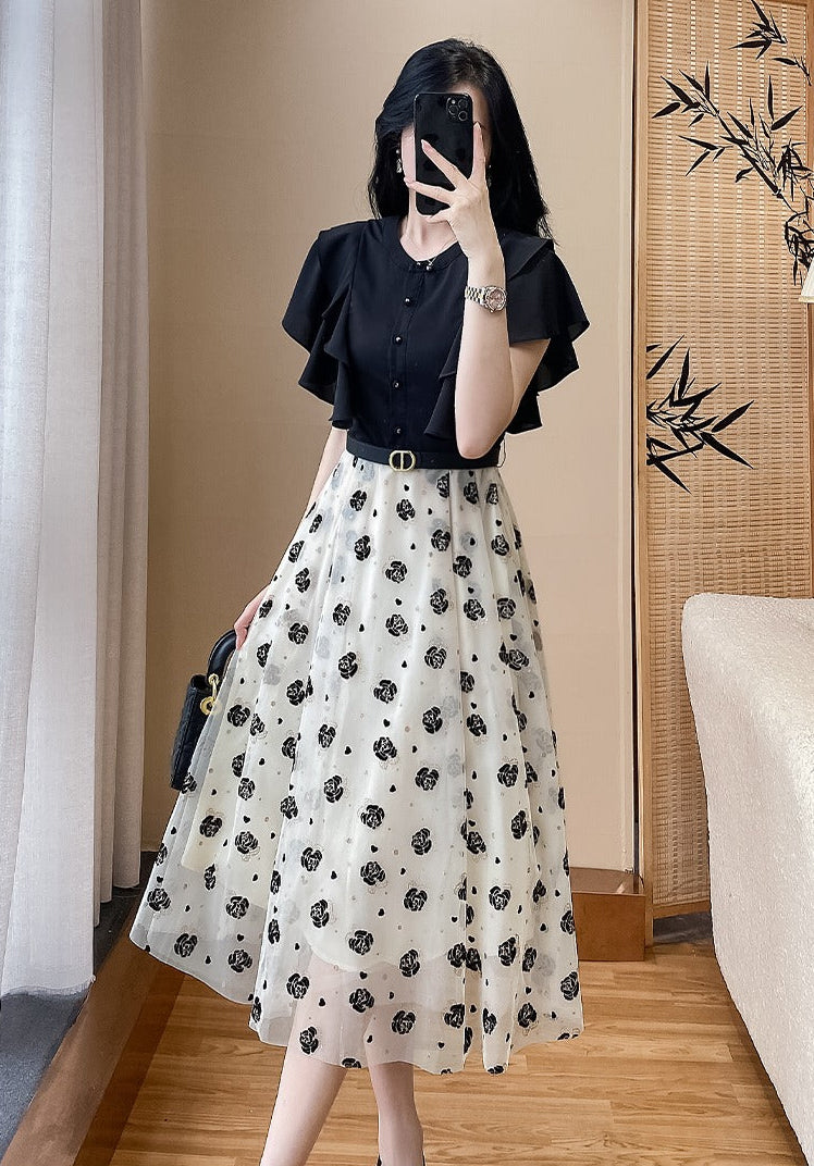 Elegant Ruffle-Sleeve Mesh Midi Dress