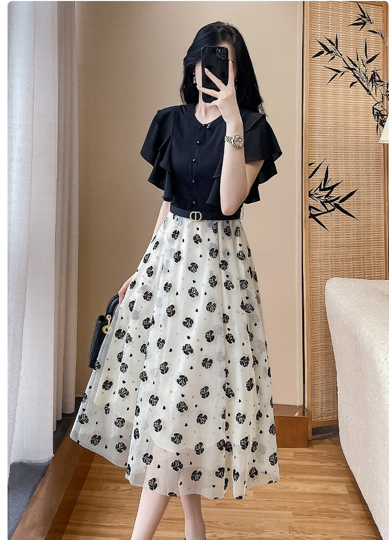 Elegant Ruffle-Sleeve Mesh Midi Dress