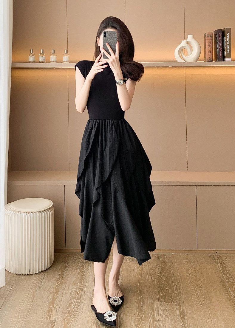 Black Asymmetric Layered Midi Dress