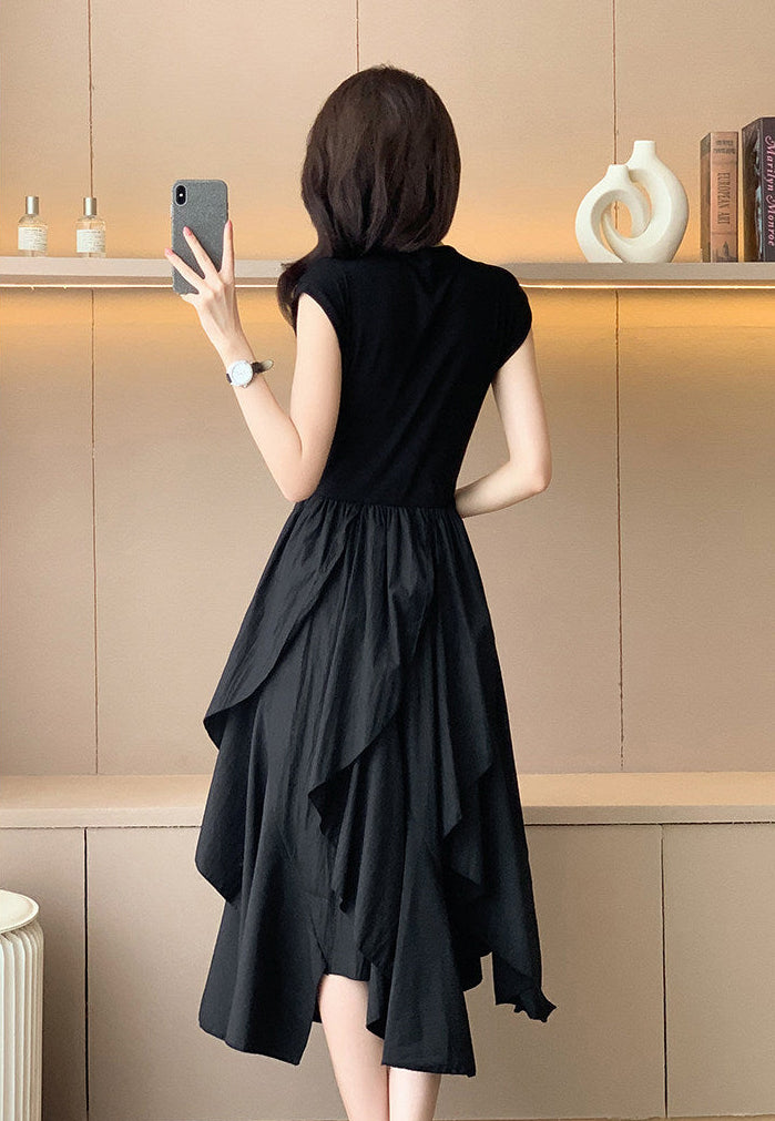 Black Asymmetric Layered Midi Dress