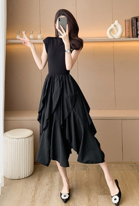 Black Asymmetric Layered Midi Dress