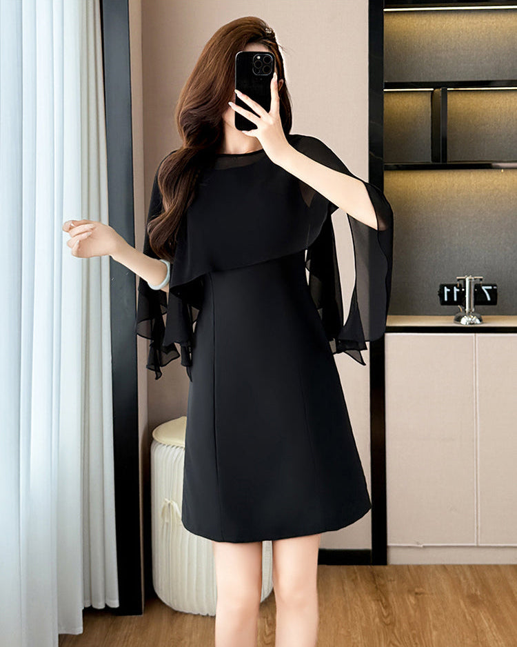 Plus Size Black Chiffon Cape-Sleeve Mini Dress