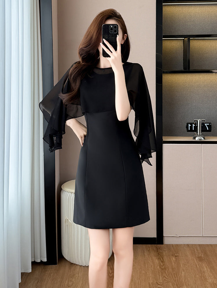 Plus Size Black Chiffon Cape-Sleeve Mini Dress