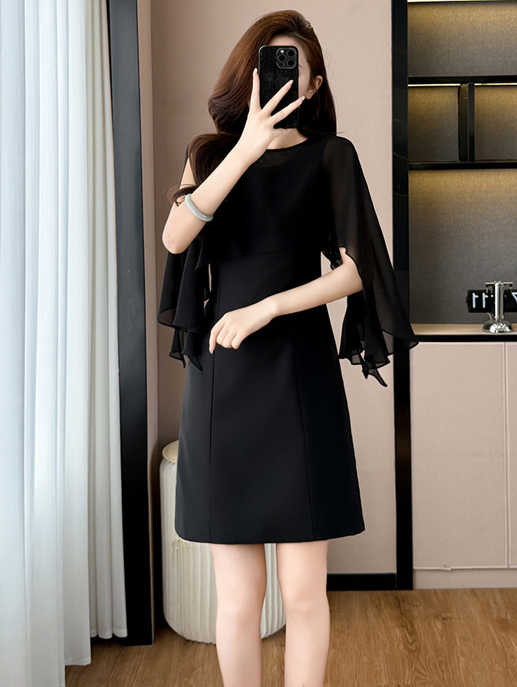 Plus Size Black Chiffon Cape-Sleeve Mini Dress