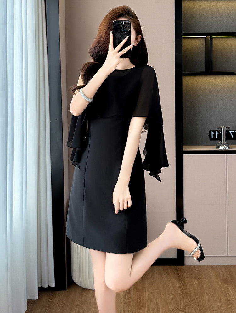 Plus Size Black Chiffon Cape-Sleeve Mini Dress