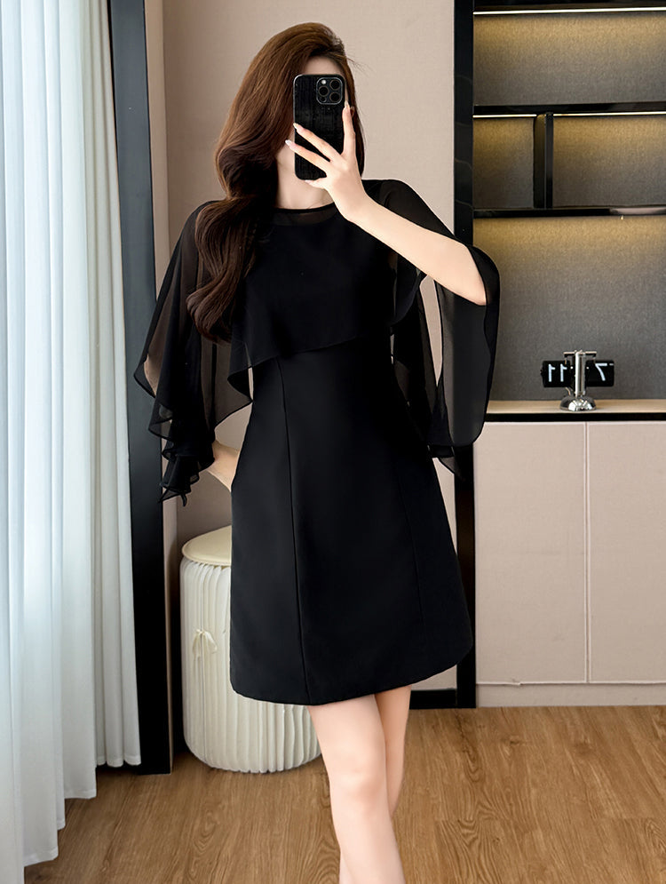 Plus Size Black Chiffon Cape-Sleeve Mini Dress