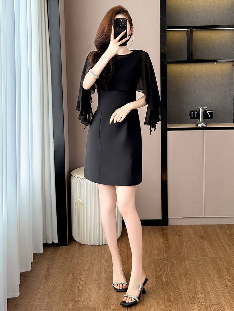 Plus Size Black Chiffon Cape-Sleeve Mini Dress