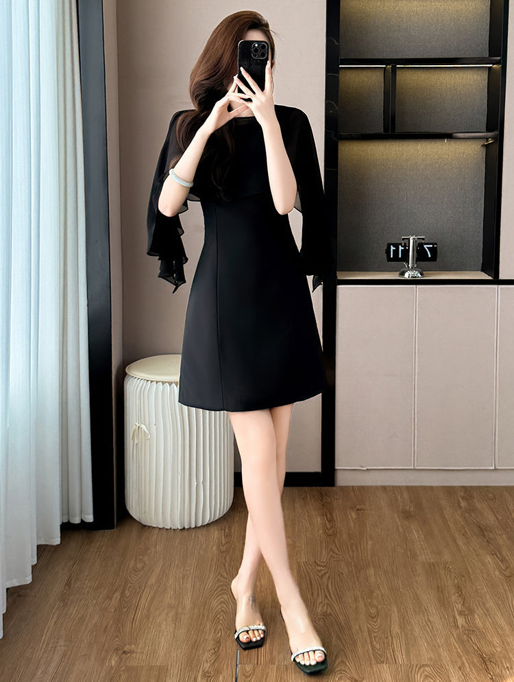 Plus Size Black Chiffon Cape-Sleeve Mini Dress