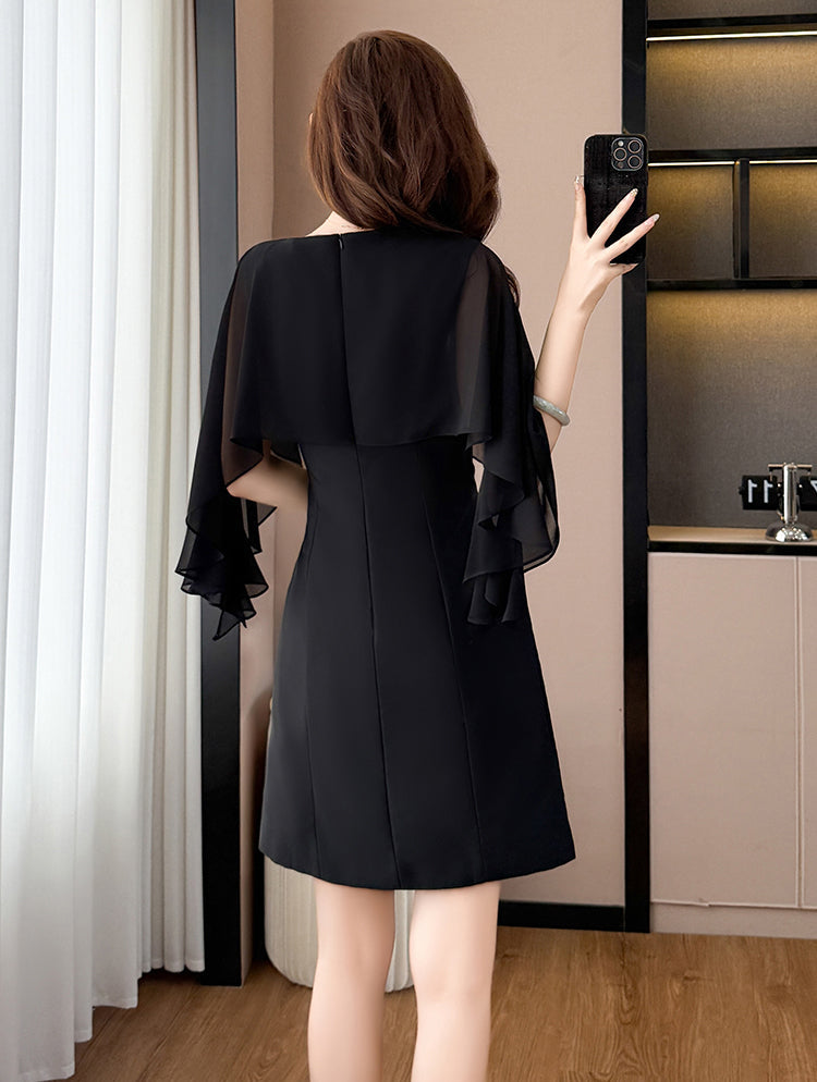 Plus Size Black Chiffon Cape-Sleeve Mini Dress