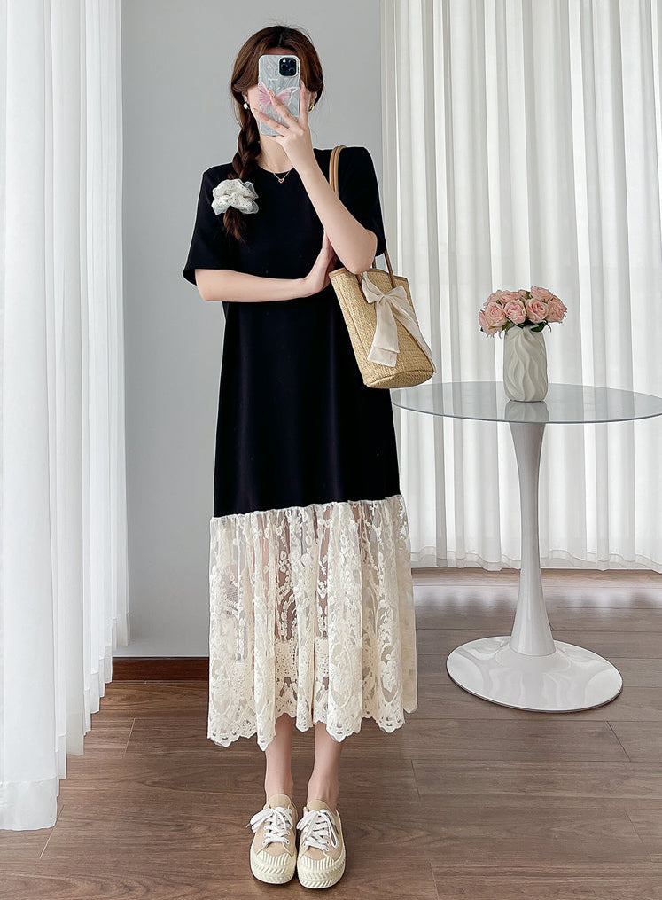 Black Contrast Lace-Hem T-Shirt Midi Dress