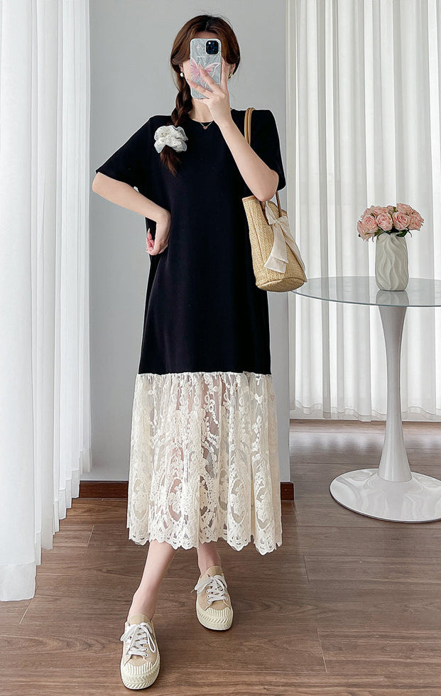 Black Contrast Lace-Hem T-Shirt Midi Dress
