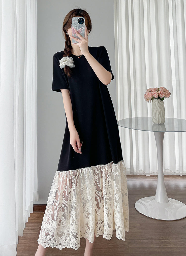 Black Contrast Lace-Hem T-Shirt Midi Dress