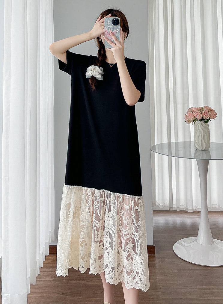 Black Contrast Lace-Hem T-Shirt Midi Dress