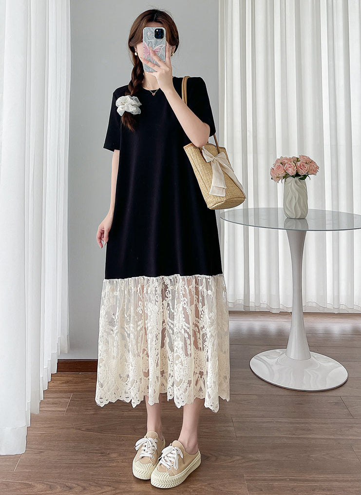 Black Contrast Lace-Hem T-Shirt Midi Dress