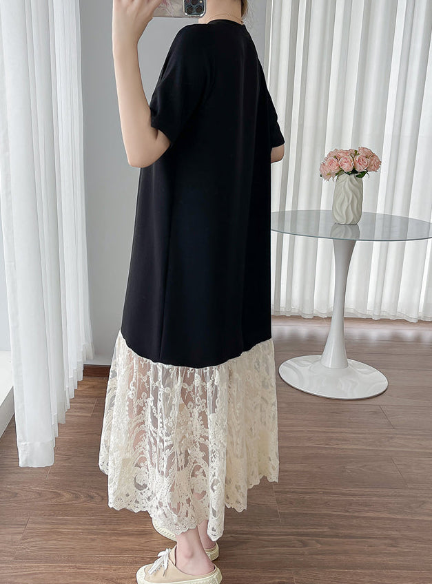 Black Contrast Lace-Hem T-Shirt Midi Dress