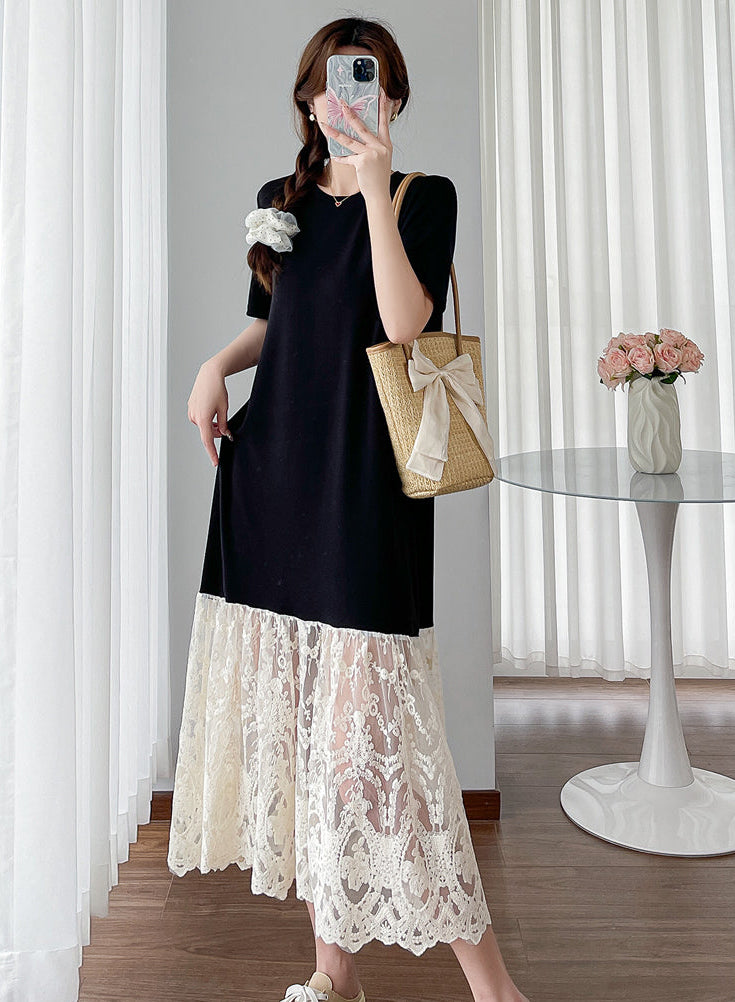 Black Contrast Lace-Hem T-Shirt Midi Dress