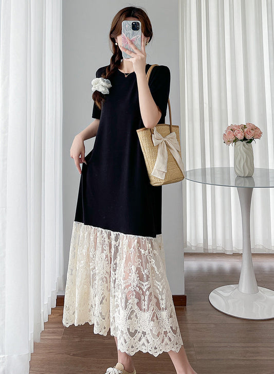Black Contrast Lace-Hem T-Shirt Midi Dress