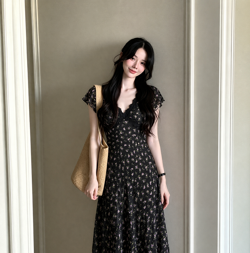 Plus Size Black Ditsy Floral Flutter Sleeve Midi Dress