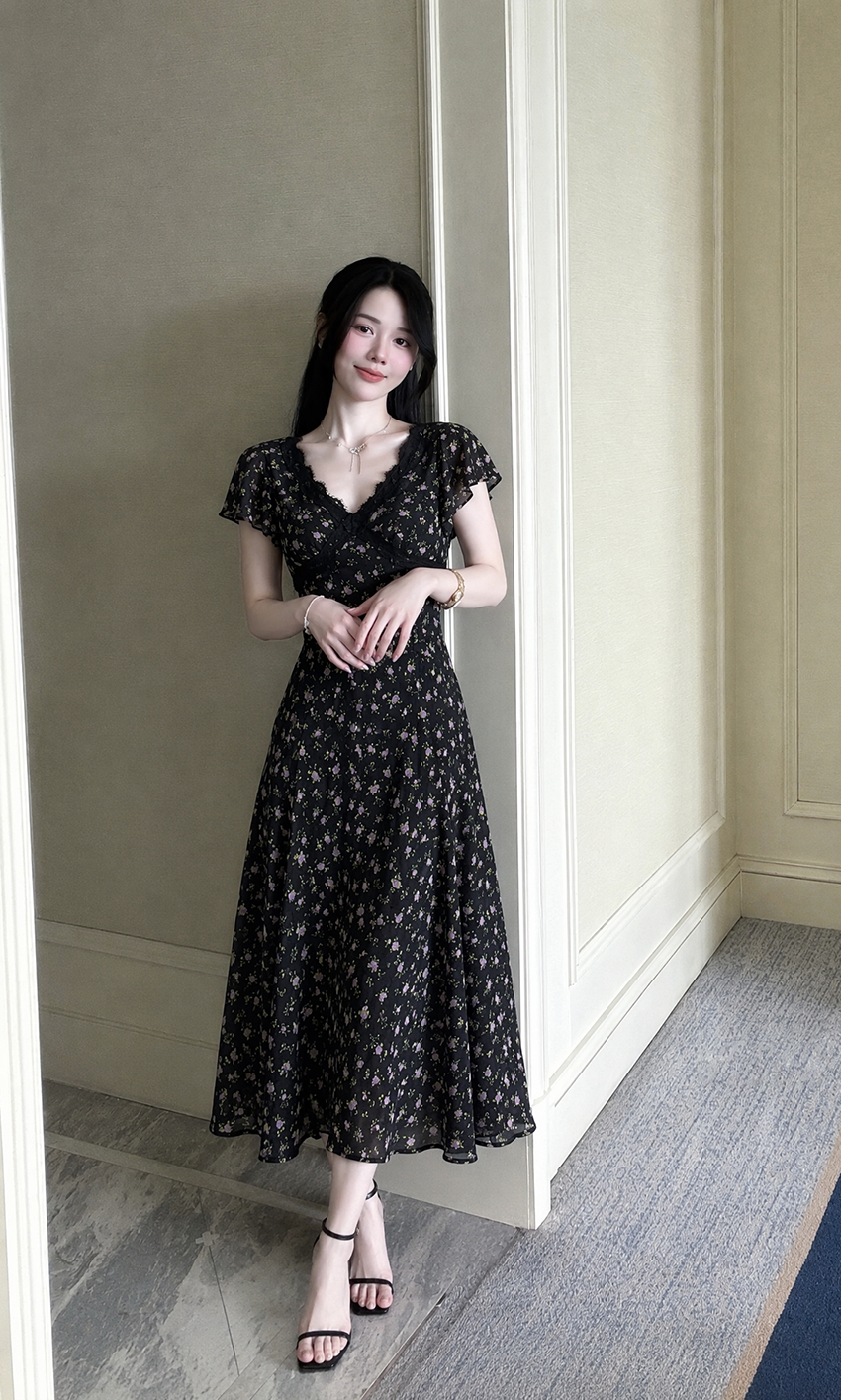 Plus Size Black Ditsy Floral Flutter Sleeve Midi Dress