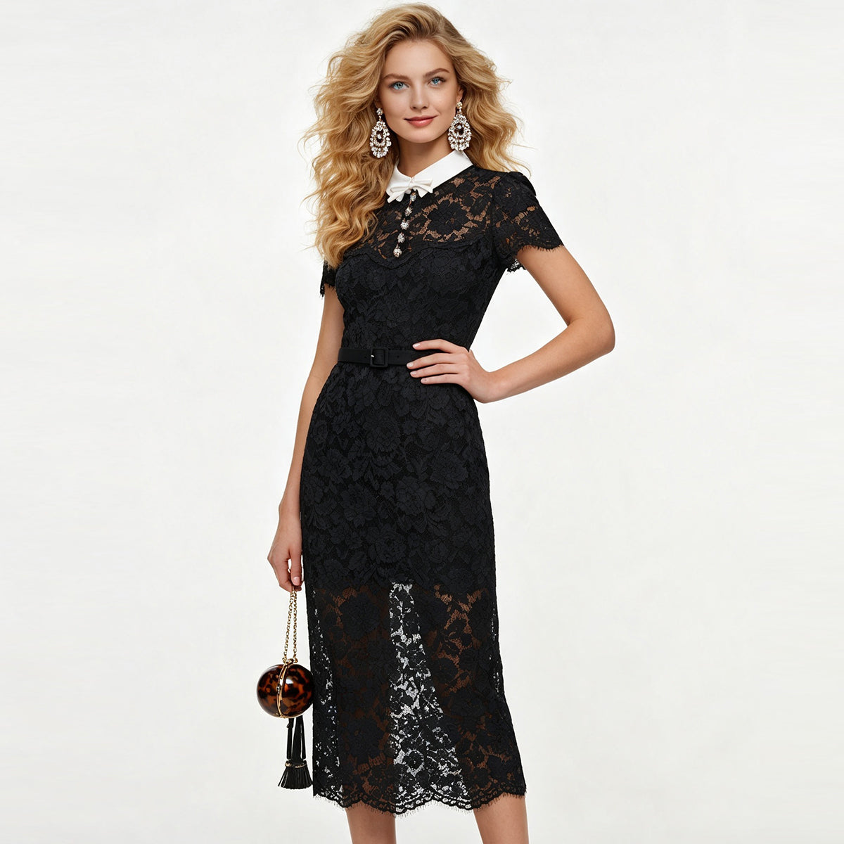 Black Floral Lace Collared Short Sleeve Belted Midi Dress