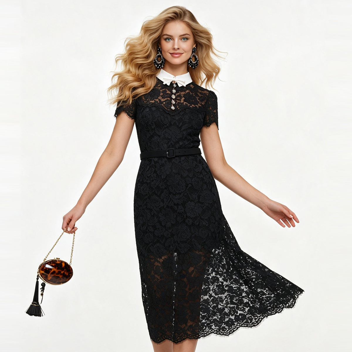 Black Floral Lace Collared Short Sleeve Belted Midi Dress