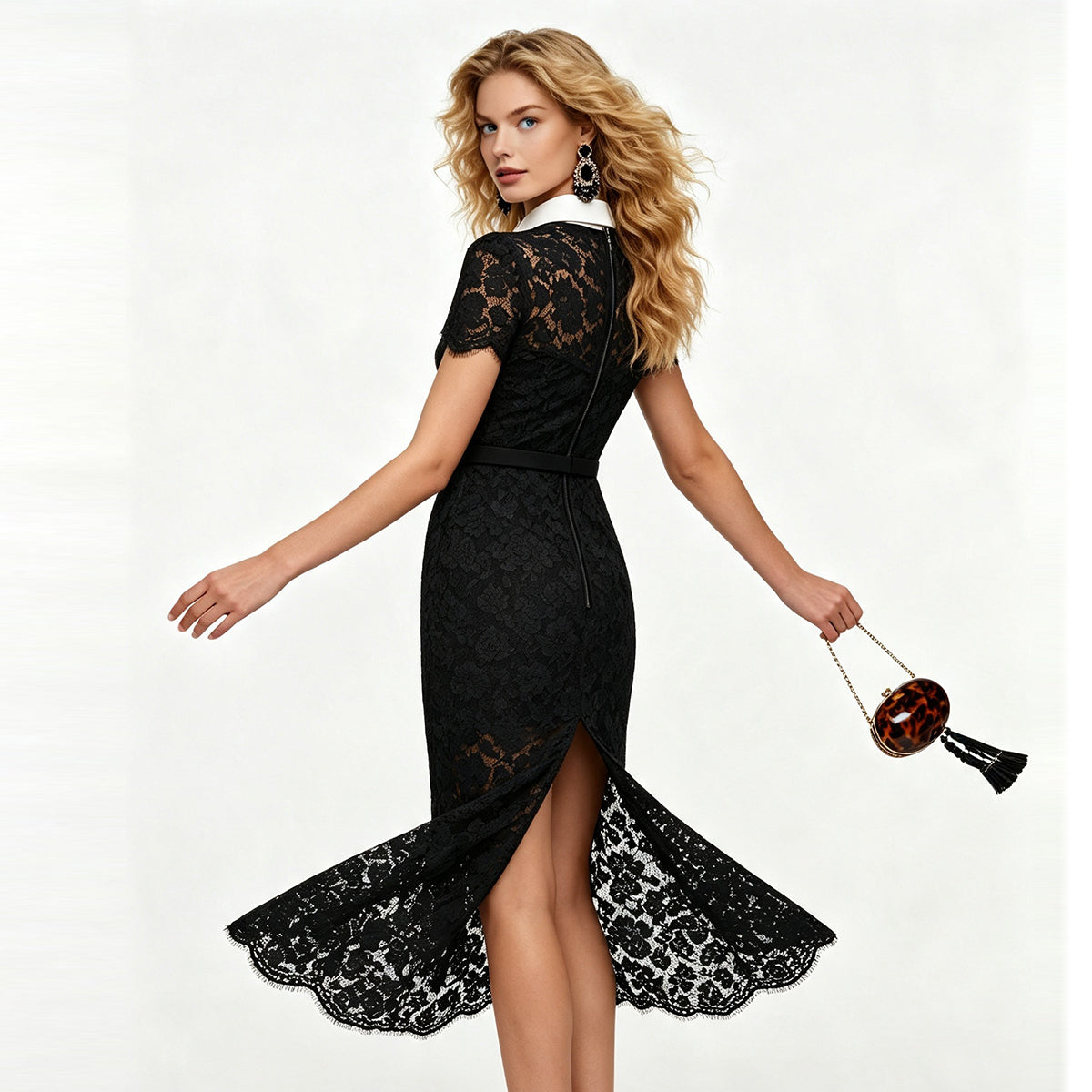 Black Floral Lace Collared Short Sleeve Belted Midi Dress