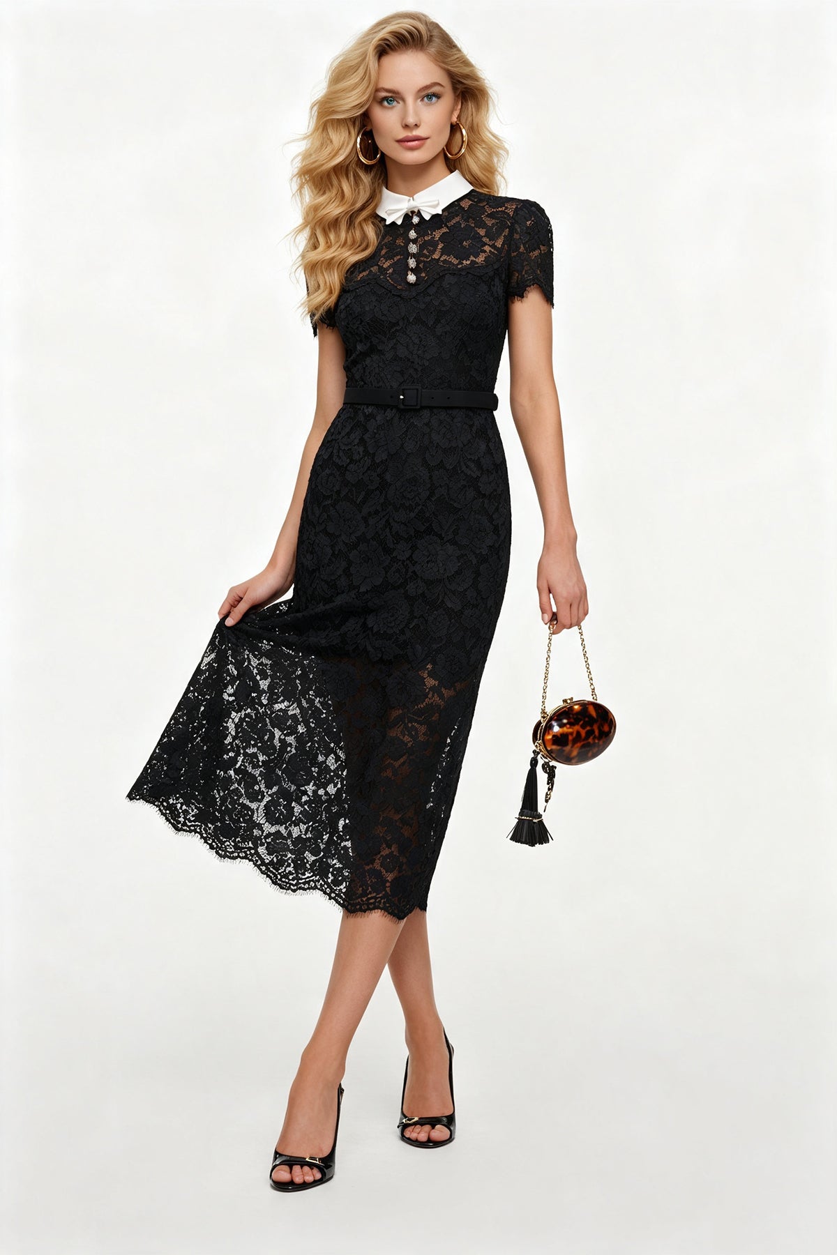 Black Floral Lace Collared Short Sleeve Belted Midi Dress