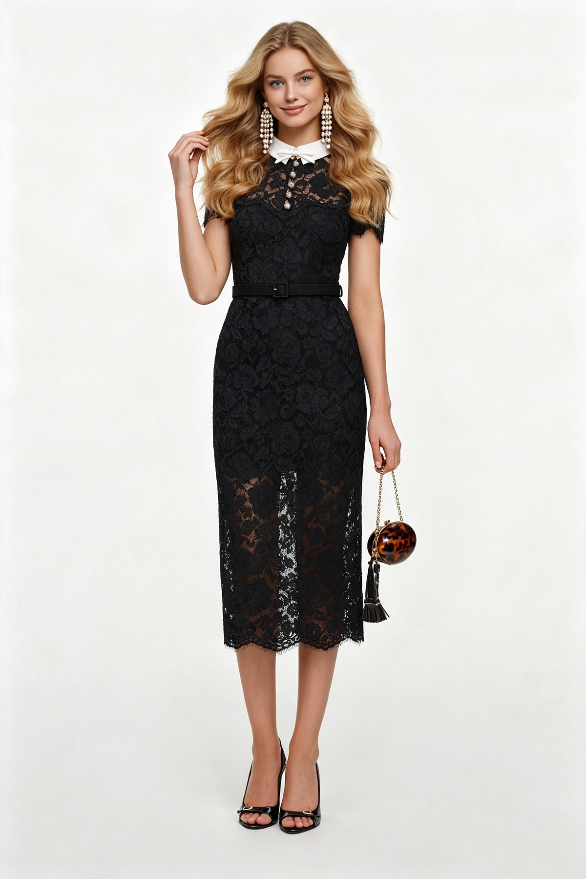 Black Floral Lace Collared Short Sleeve Belted Midi Dress