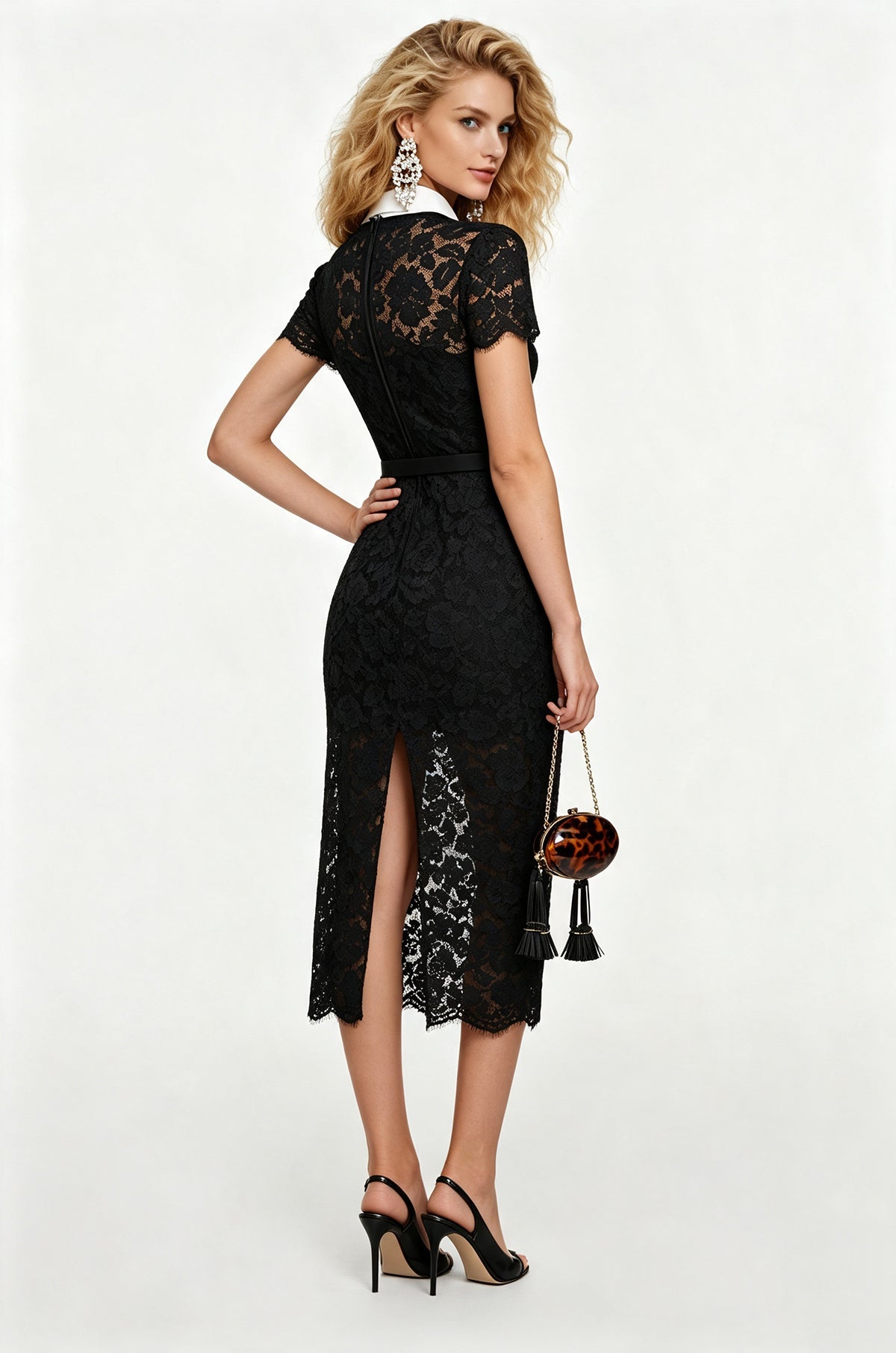 Black Floral Lace Collared Short Sleeve Belted Midi Dress