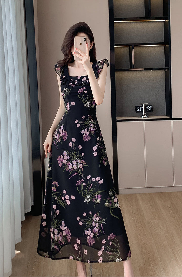 Noir Petal Flutter Dress
