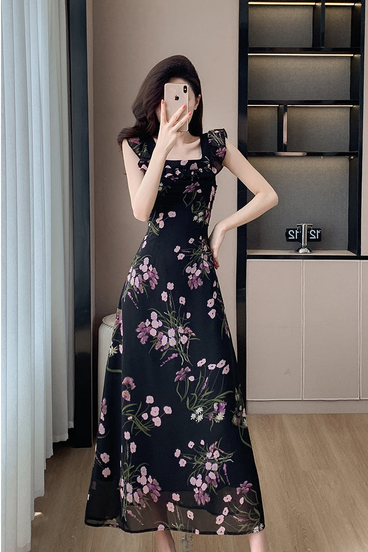 Noir Petal Flutter Dress
