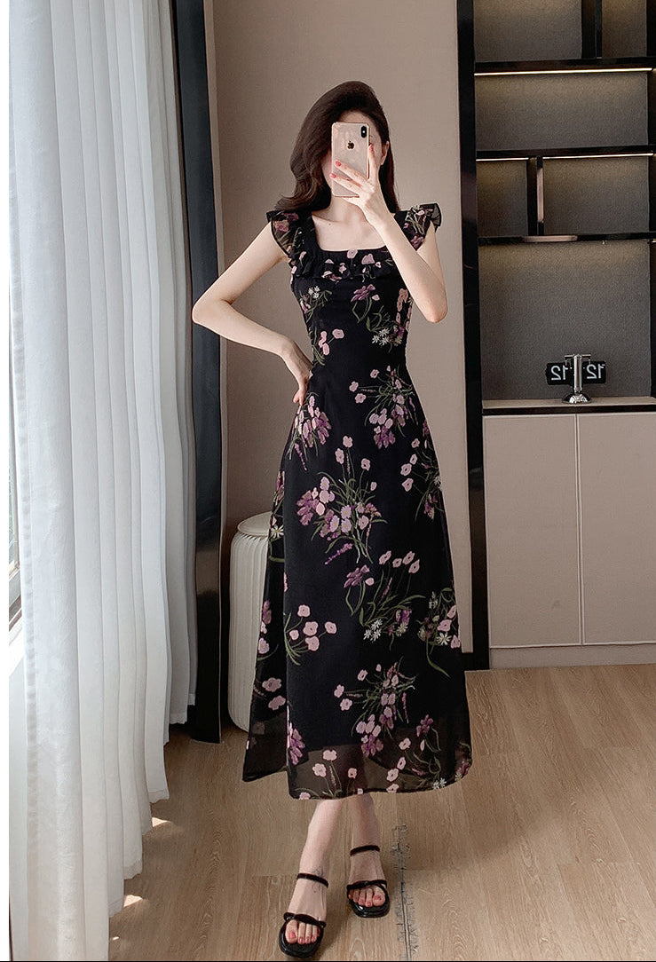 Noir Petal Flutter Dress