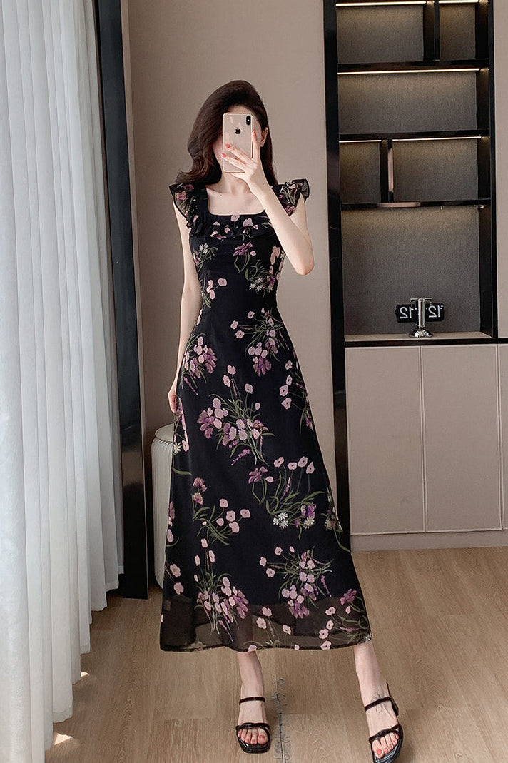 Noir Petal Flutter Dress