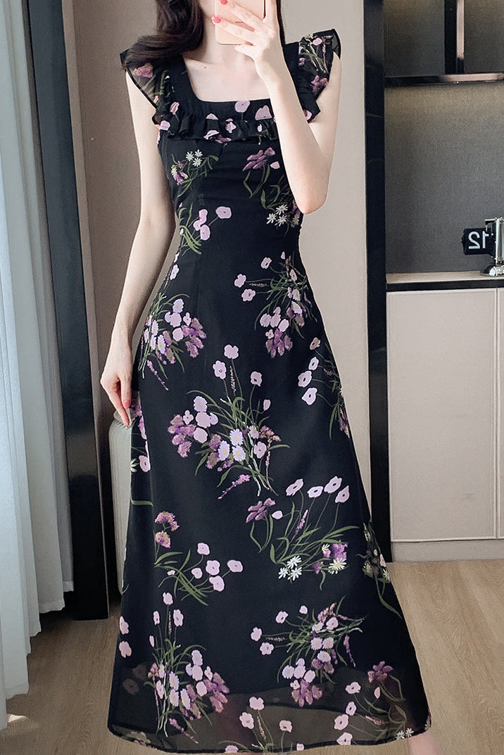 Noir Petal Flutter Dress