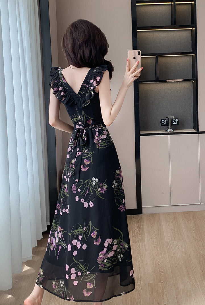 Noir Petal Flutter Dress