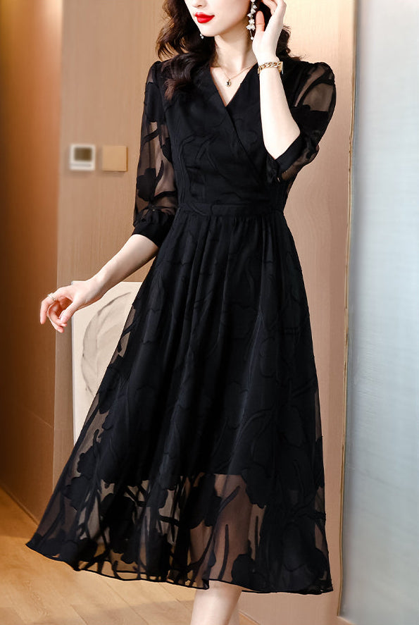 Black Organza Dress With Floral Shadow Pattern