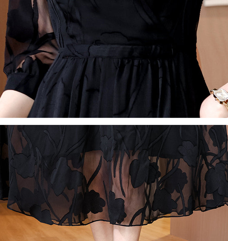Black Organza Dress With Floral Shadow Pattern